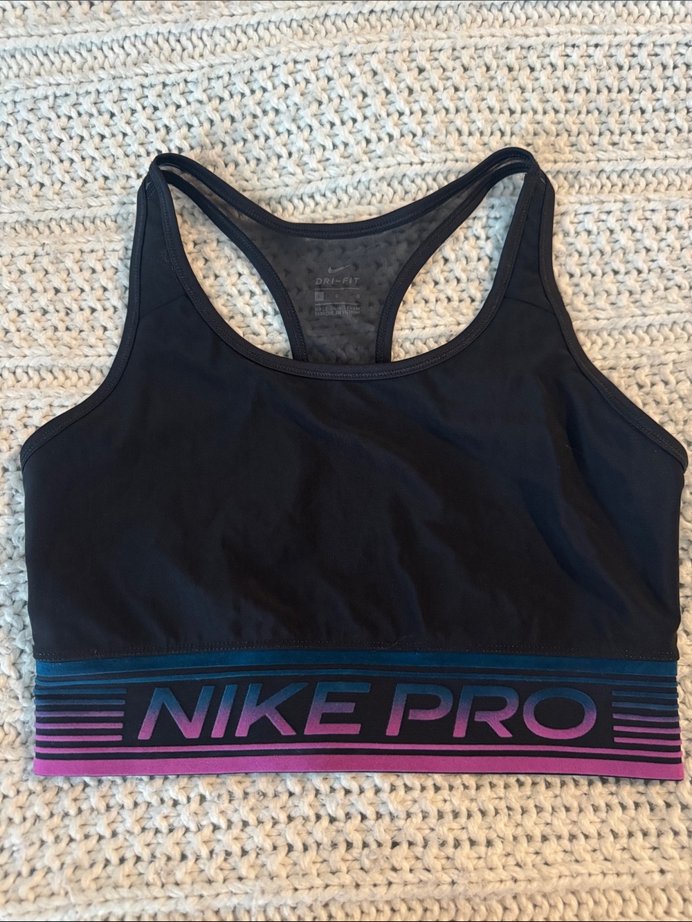 Nike Black Sports Bra with Purple and Teal Gradient Band